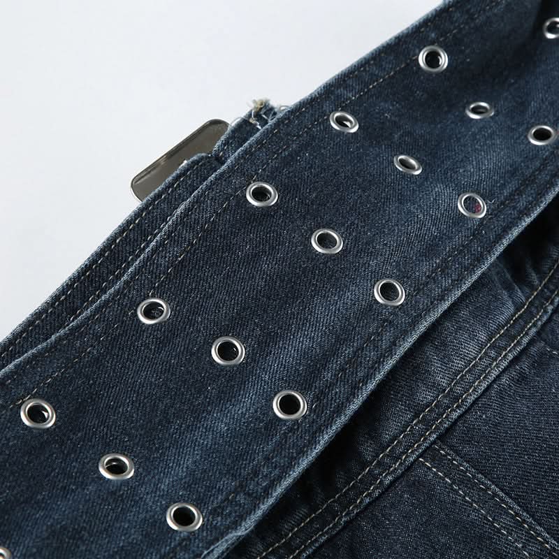 Denim button zip-up hollow out belt cut out maxi skirt