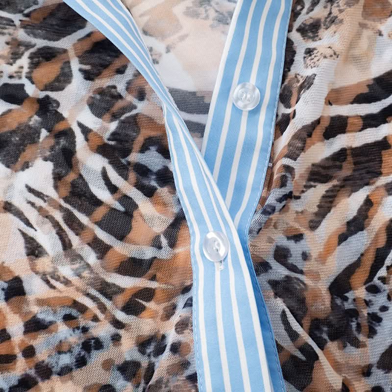 Turnover collar leopard print mesh button top