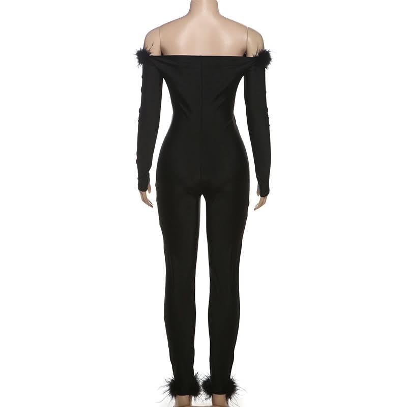 Long sleeve off shoulder feather hollow out jumpsuit