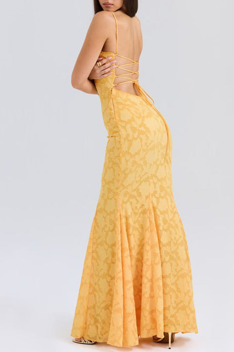 Sexy Solid Color Jacquard Lace Backless Strap Design Square Neck Fishtail Dresses