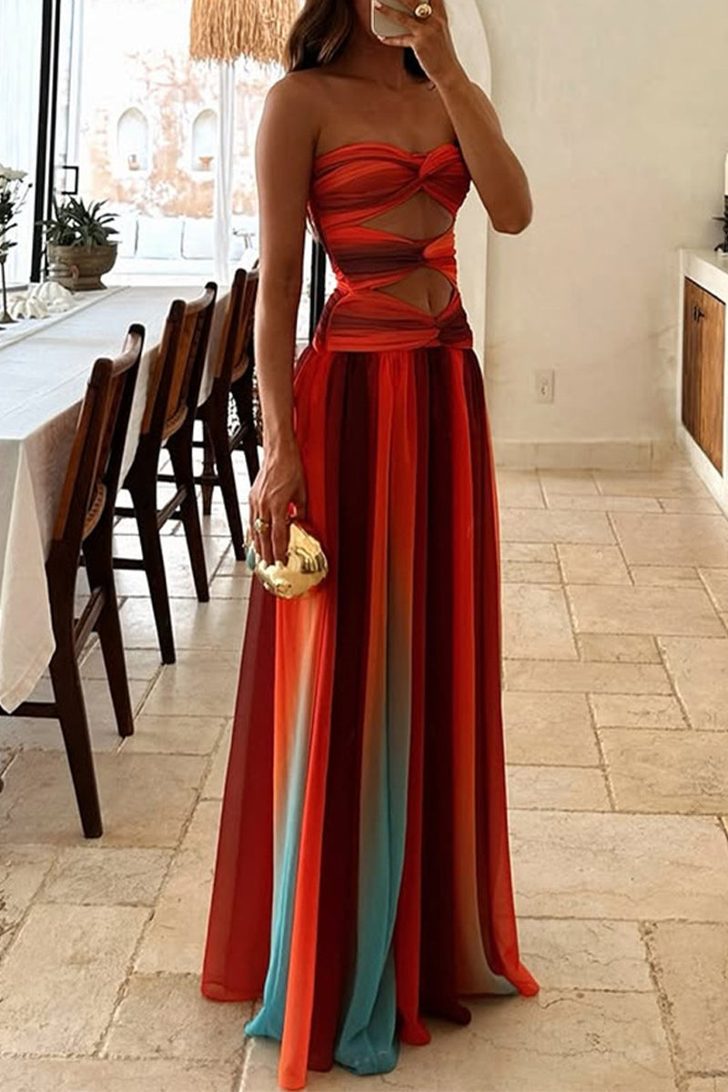 Sexy Gradient Print Irregular Strapless Long Dresses(The color is not fixed)