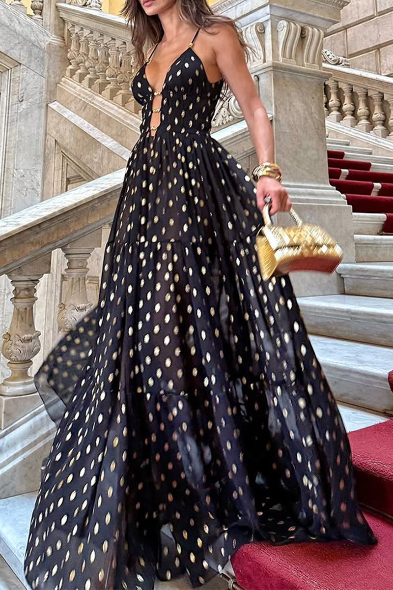 Sexy Polka Dot Contrast V Neck Long Dresses