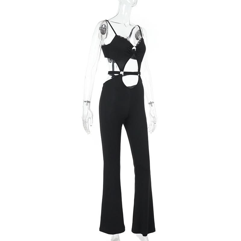 Hollow out v neck lace hem o ring cami jumpsuit