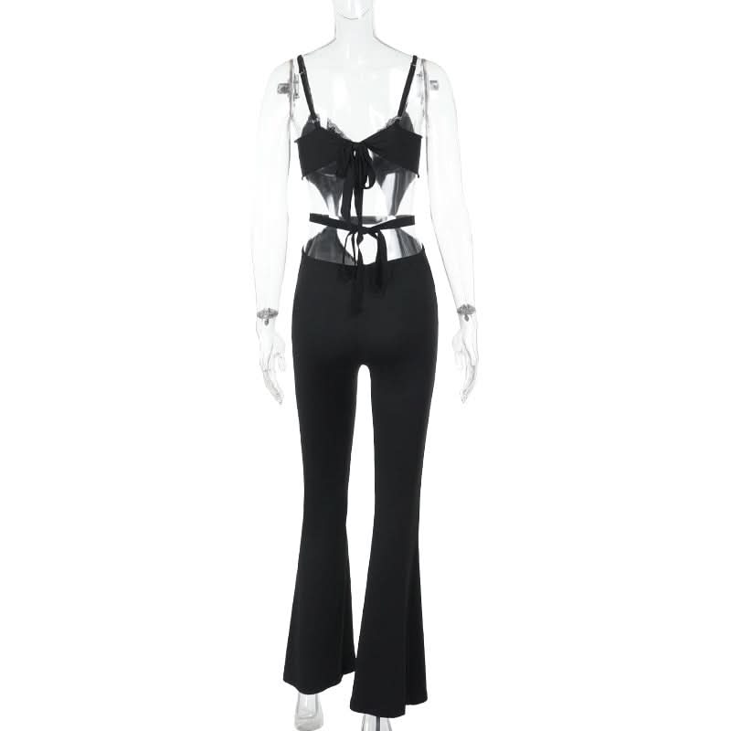 Hollow out v neck lace hem o ring cami jumpsuit