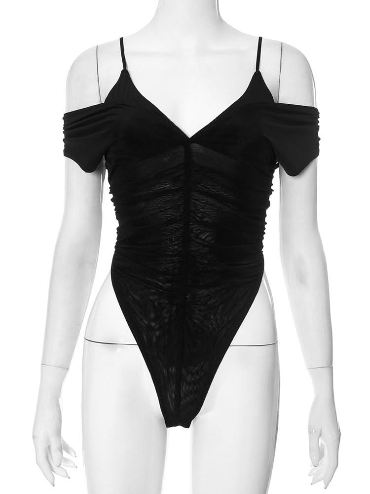 V neck off shoulder ruched bodysuit