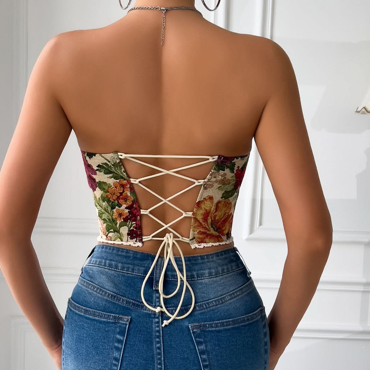 Sweetheart neck flower print lace up top