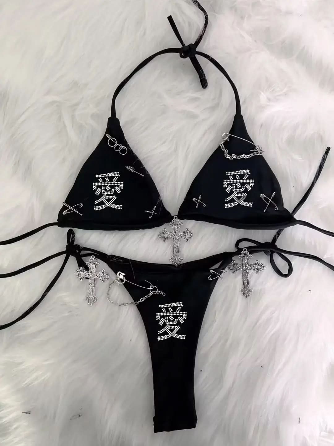 Halter self tie beaded cross applique short pant set