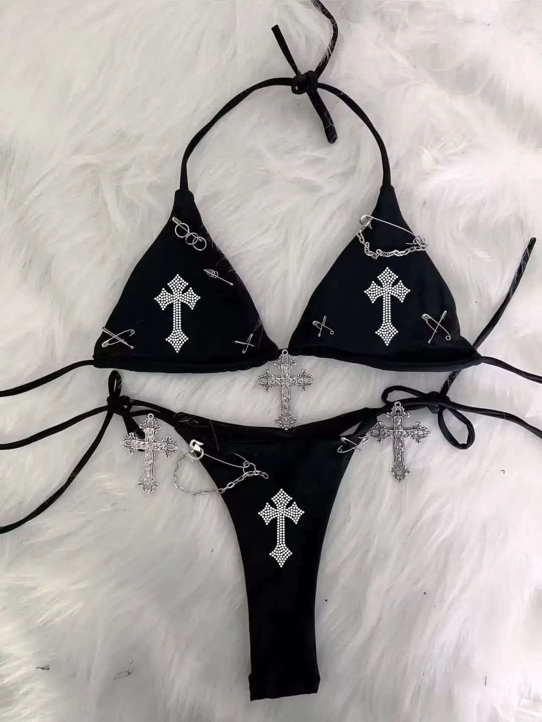 Halter self tie beaded cross applique short pant set