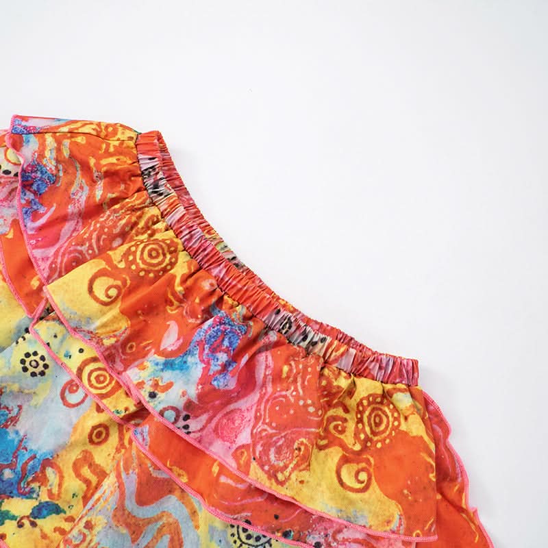 Hollow out print ruffle A line tube mini skirt set