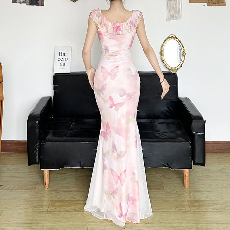 Mesh v neck ruffle butterfly print maxi dress