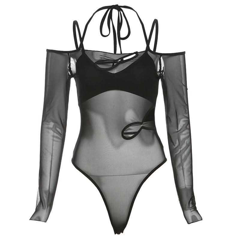 Long sleeve off shoulder mesh hollow out button bodysuit