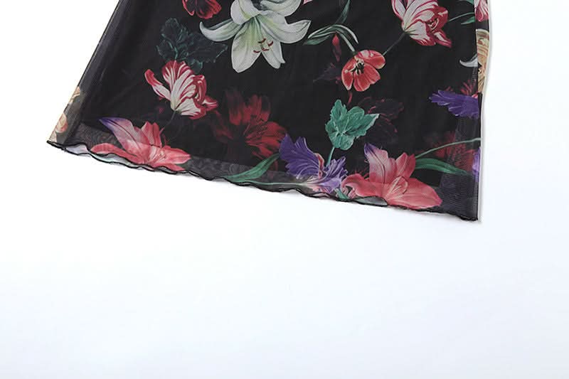 Flower print mesh self tie cami maxi dress