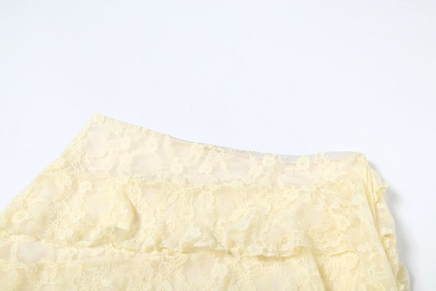 V neck ruffle lace bowknot cami mini skirt set