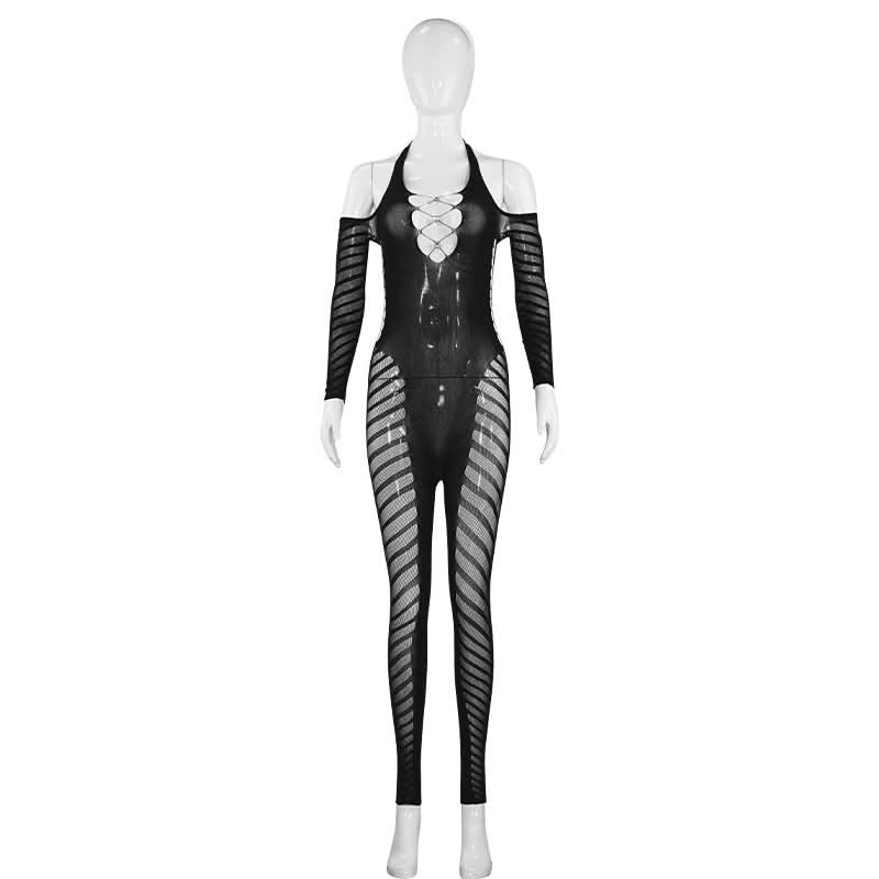 Halter long sleeve hollow out see through jumpsuit