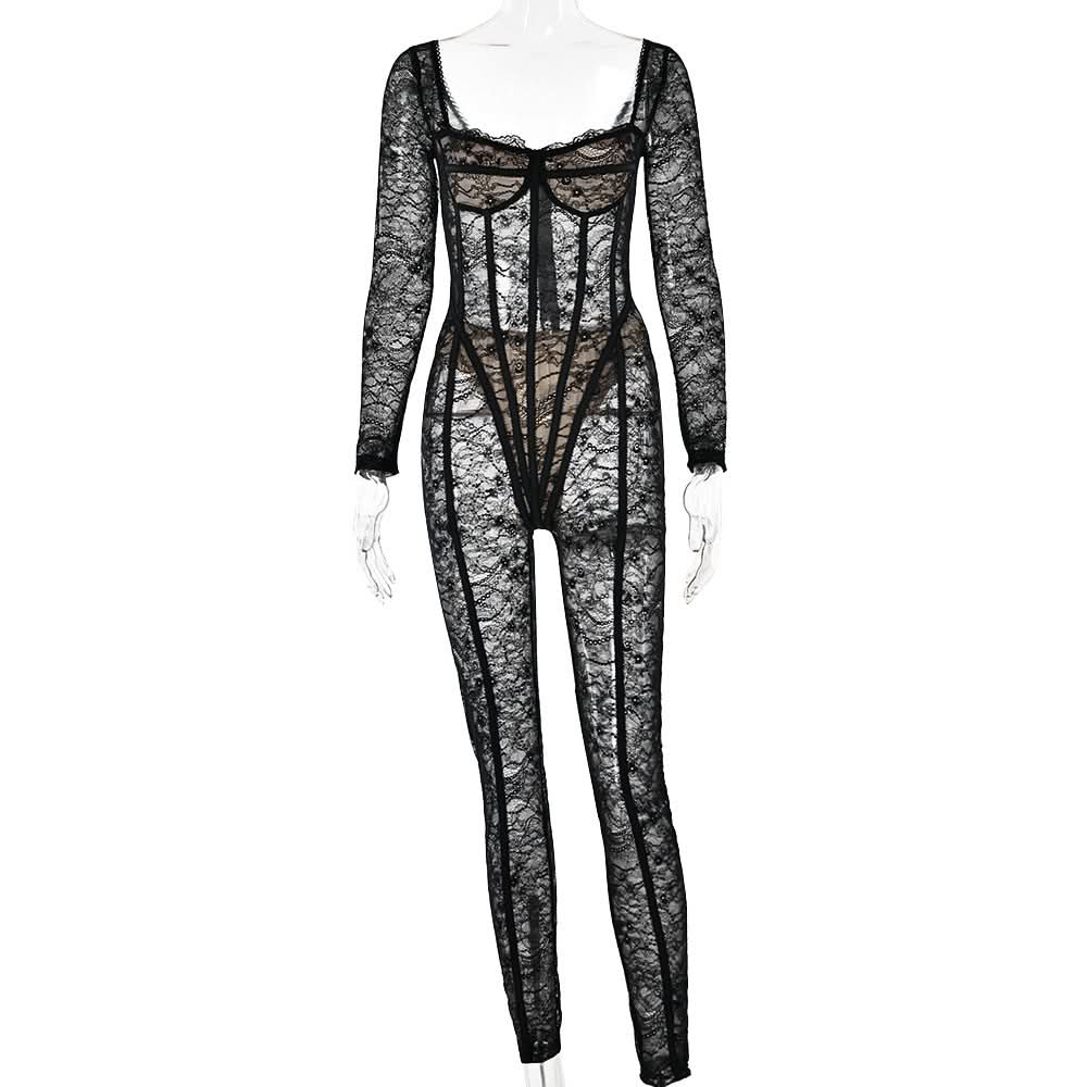 Long sleeve lace see through v neck zip-up jumpsuit