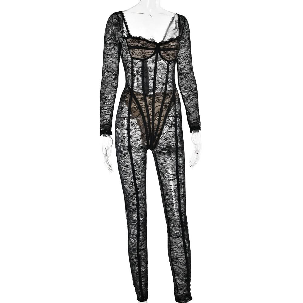 Long sleeve lace see through v neck zip-up jumpsuit