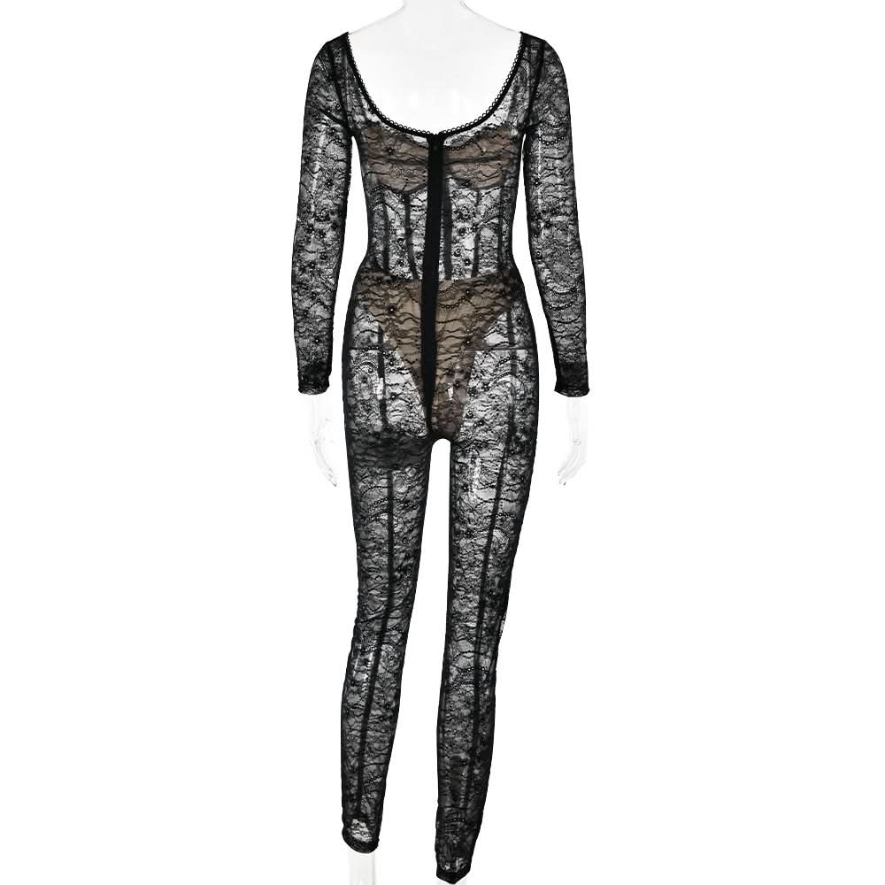 Long sleeve lace see through v neck zip-up jumpsuit