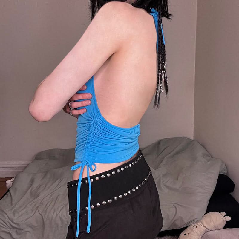 Drawstring halter beaded ruched backless top