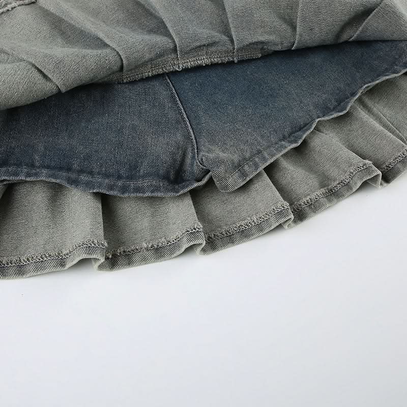 Denim belt pleated A line mini skirt