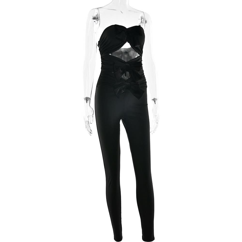 Bowknot hollow out ruched tube jumpsuit