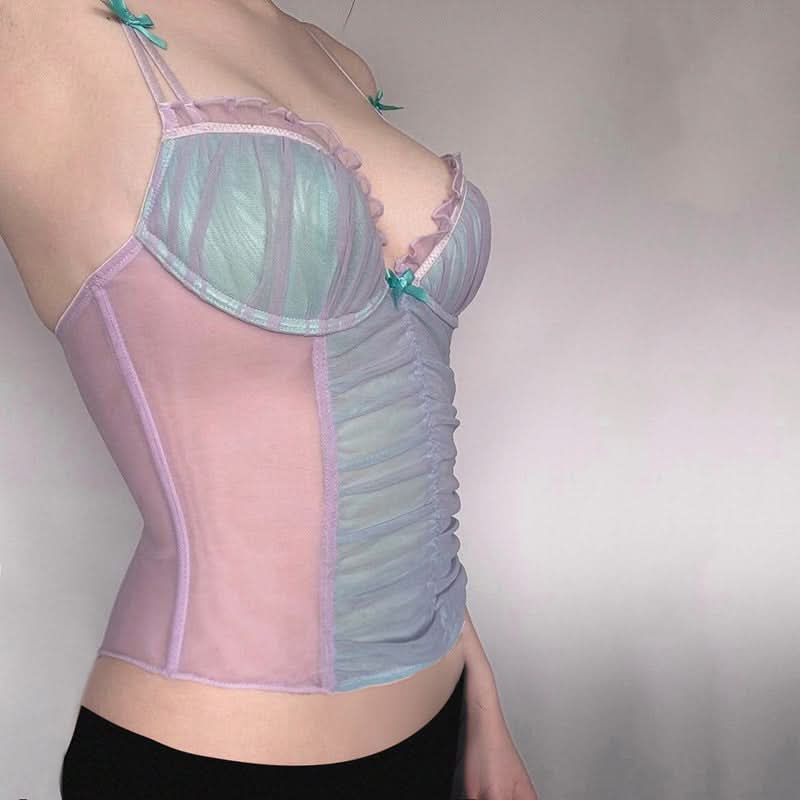 Sweetheart neck ruffle bowknot mesh cami top