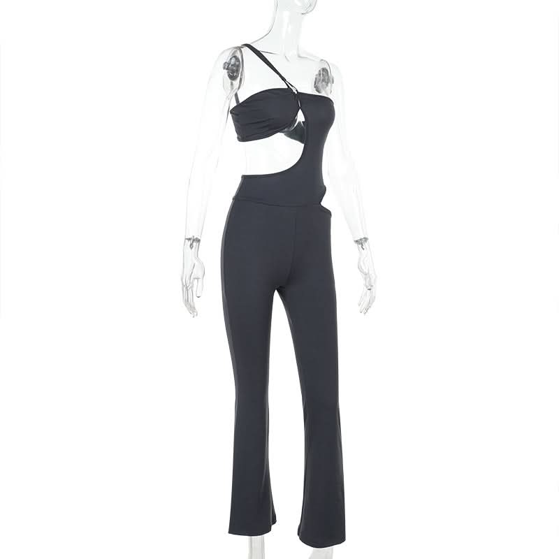 Irregular hollow out one shoulder solid jumpsuit