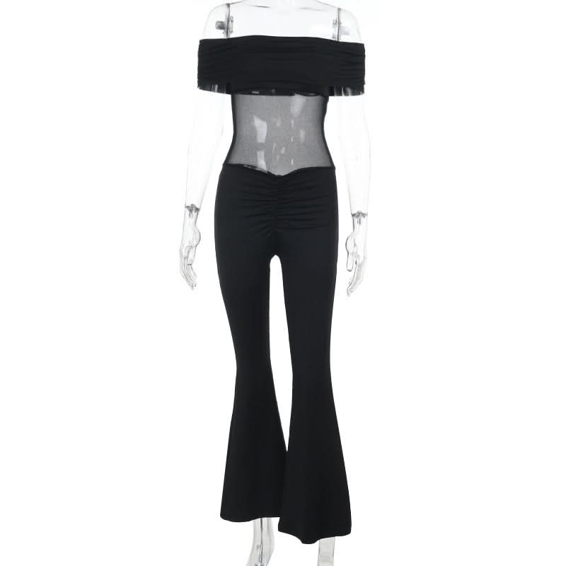 Off shoulder ruched mesh solid jumpsuit