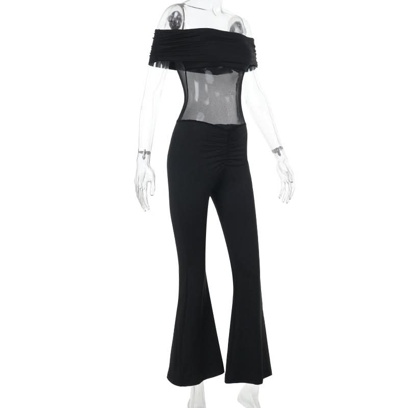 Off shoulder ruched mesh solid jumpsuit