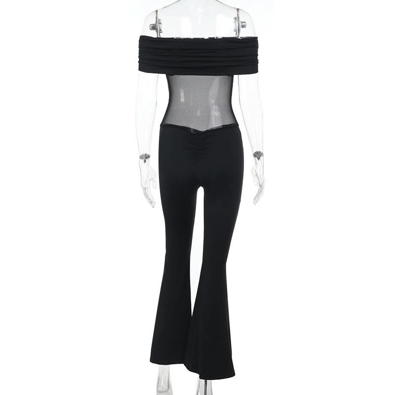 Off shoulder ruched mesh solid jumpsuit