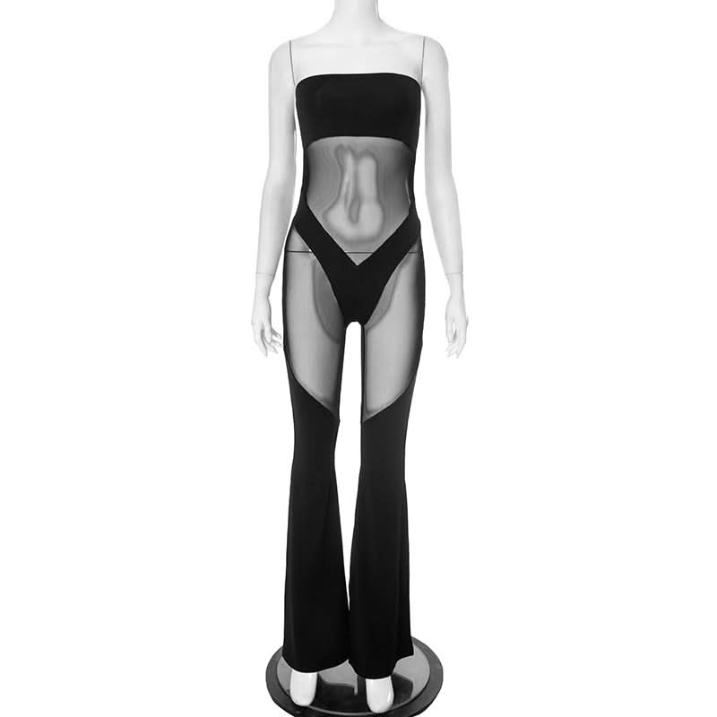 Mesh patchwork backless tube jumpsuit