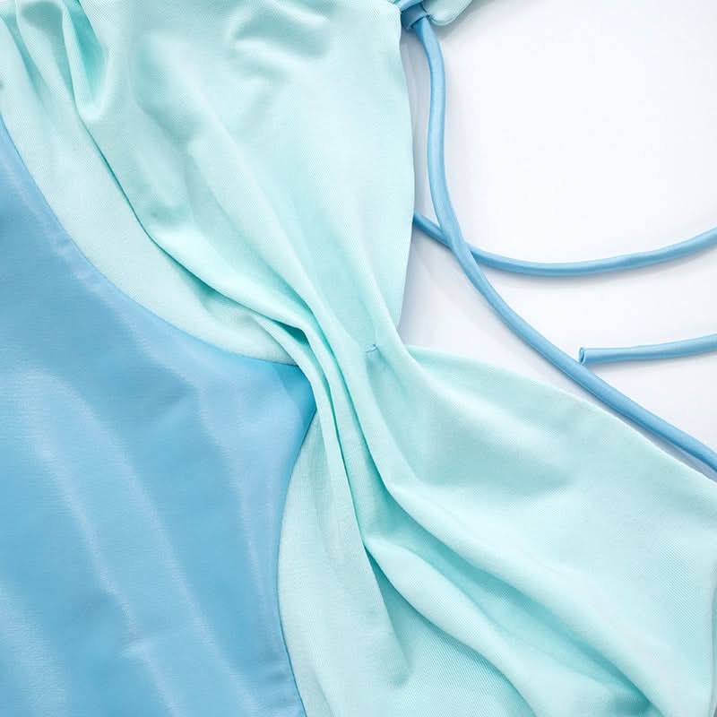 Ruched halter self tie v neck backless mini dress
