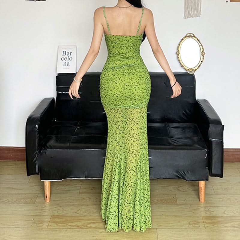 Square neck flower applique ruched print cami maxi dress