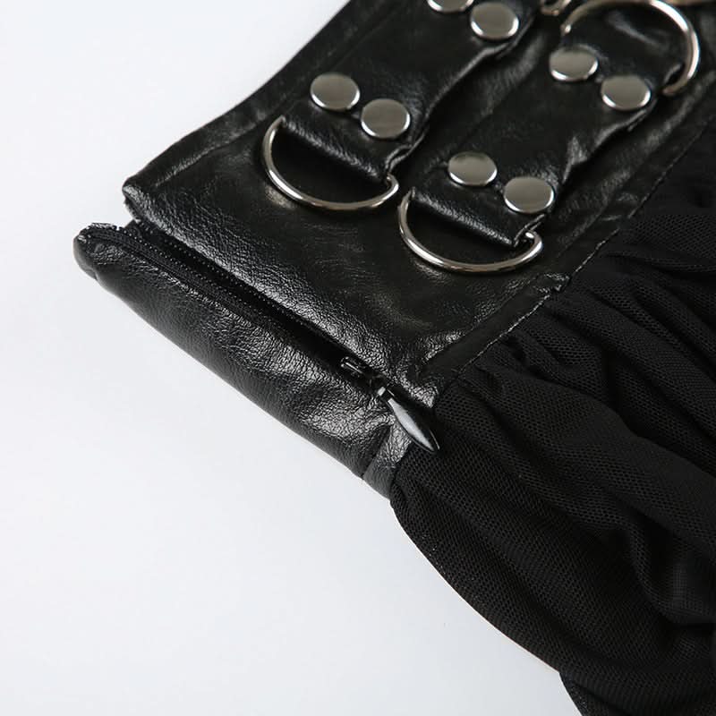 Zip-up PU leather ruched A line mesh mini skirt