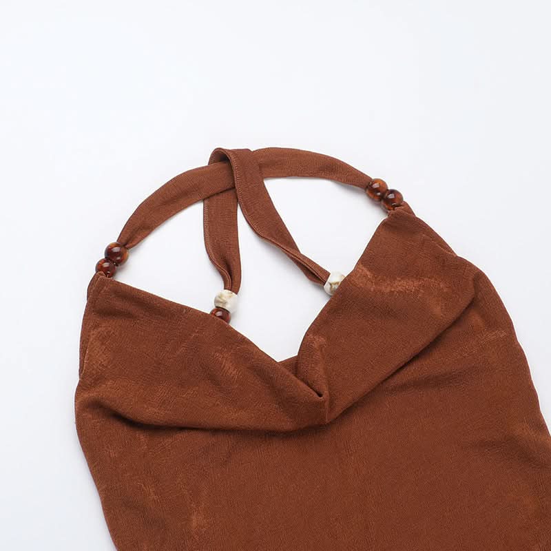 Cowl neck halter beaded slit maxi dress