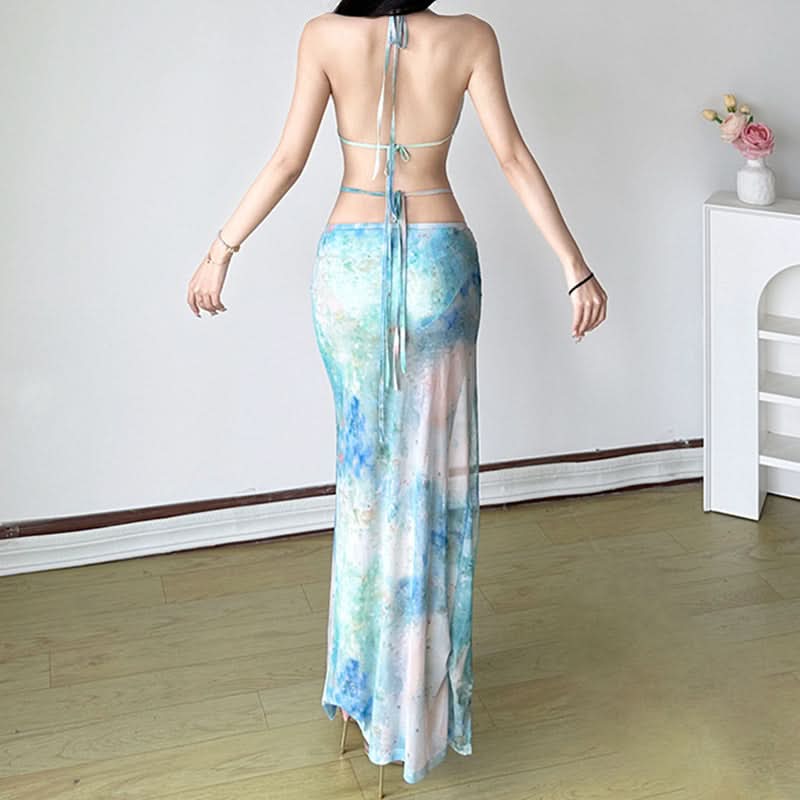 Halter self tie print slit v neck mesh maxi skirt set