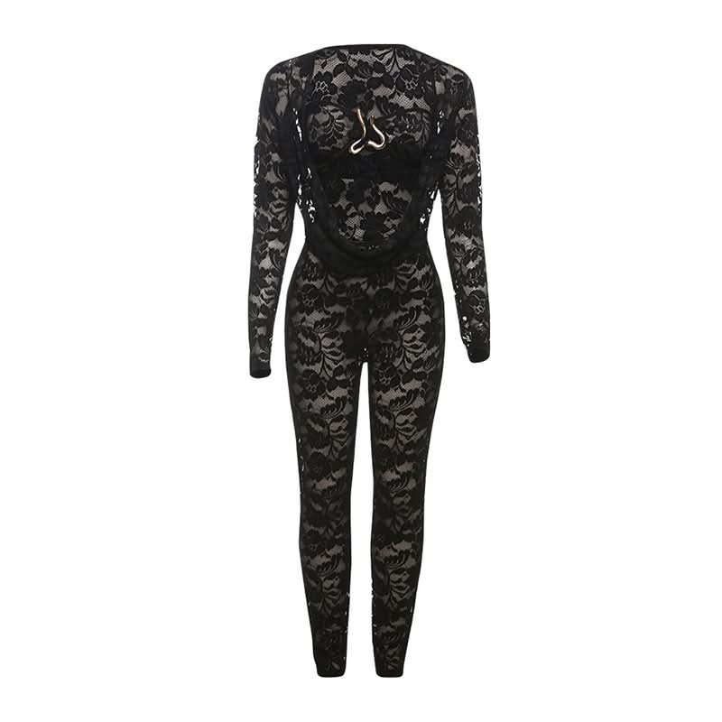 Long sleeve lace hollow out see through jumpsuit