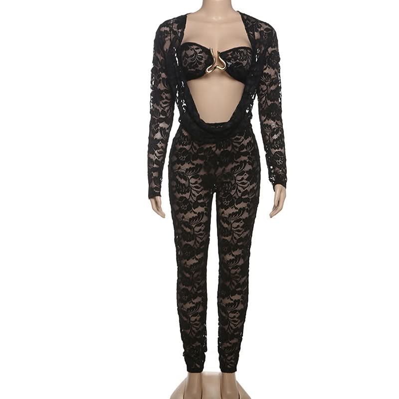 Long sleeve lace hollow out see through jumpsuit