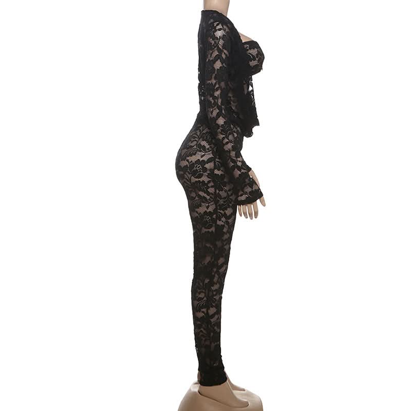 Long sleeve lace hollow out see through jumpsuit