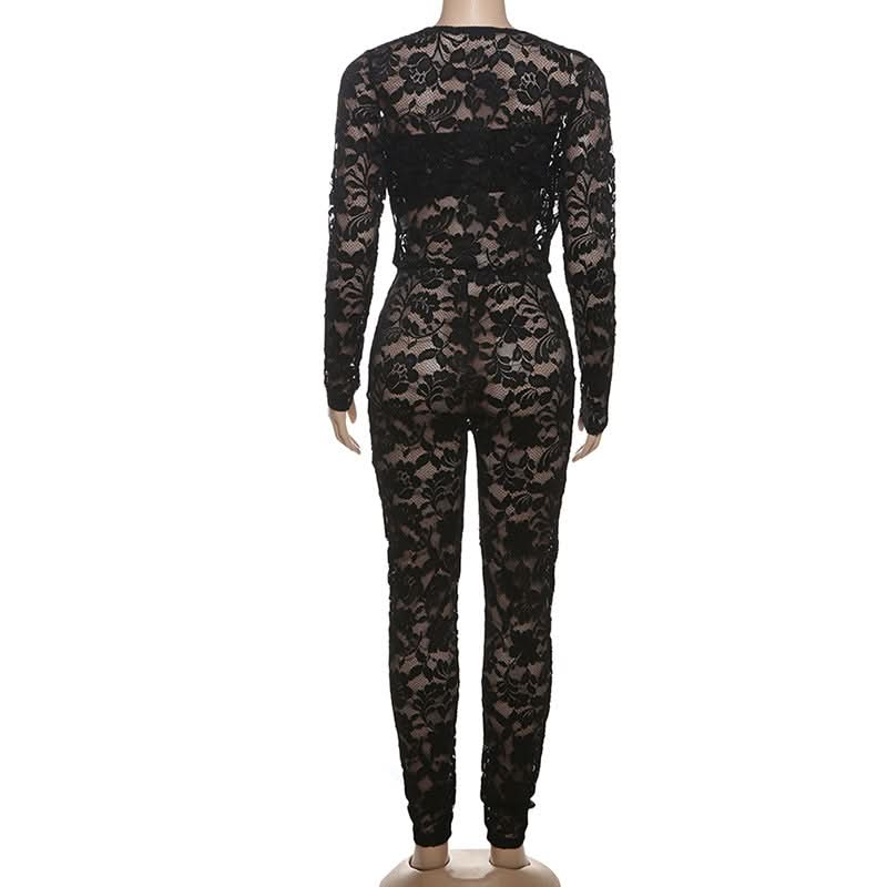 Long sleeve lace hollow out see through jumpsuit