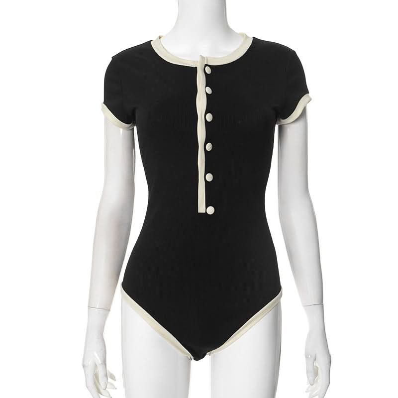 Button ribbed short sleeve round neck bodysuit