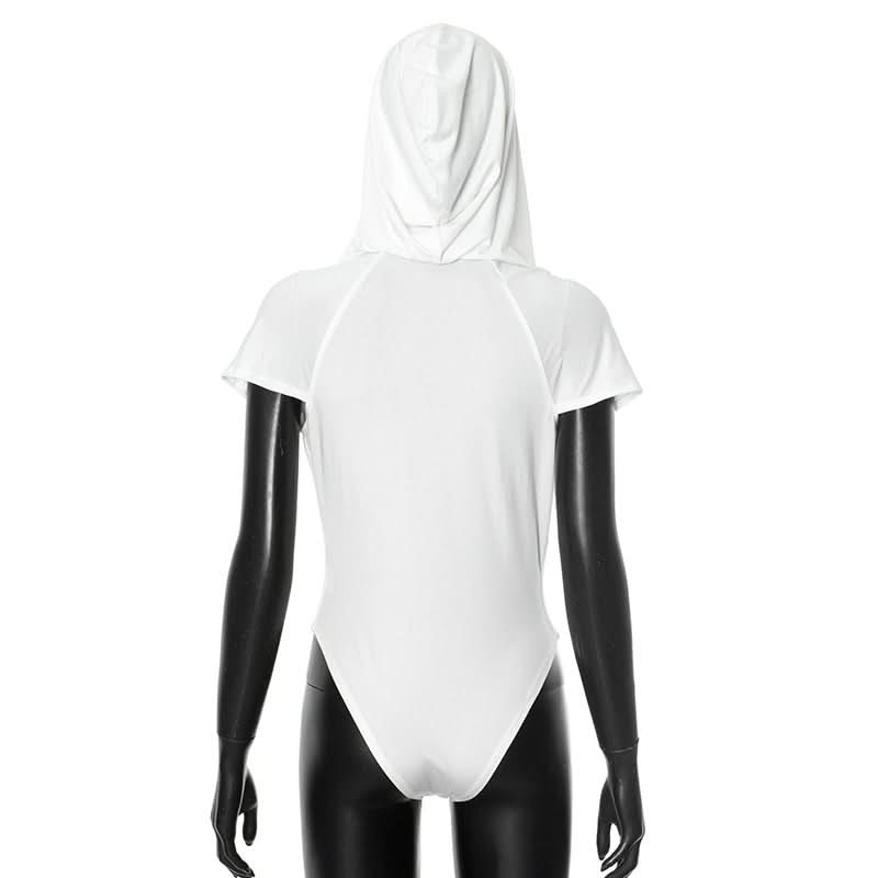 Hoodie short sleeve button deep v neck bodysuit