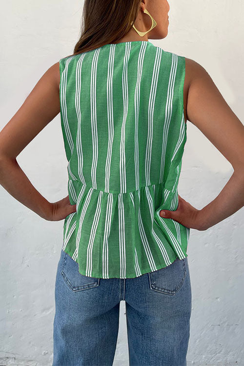 Crewneck Sleeveless Striped Ruffle Bow Top