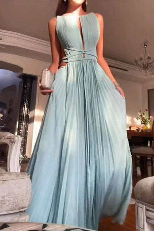 Sleeveless Cut Out Open Back Pleated Maxi Dress