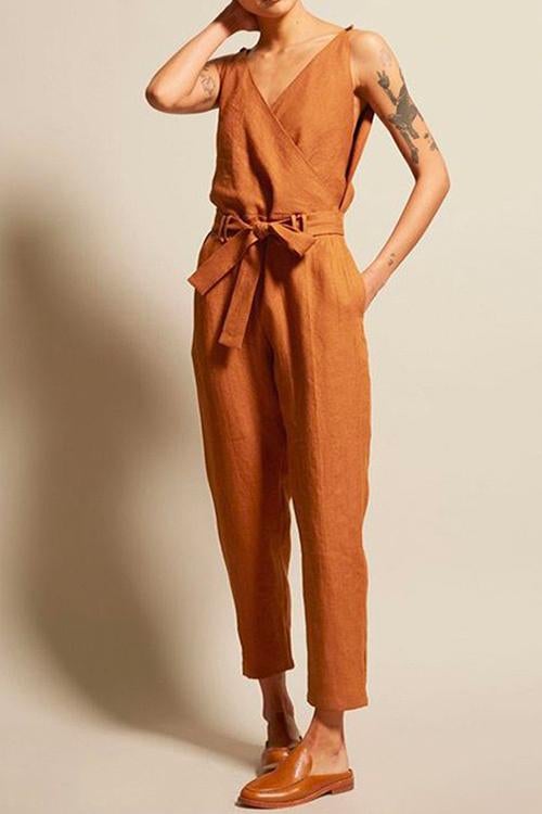 Casual V Neck Sleeveless Wrapped Jumpsuit