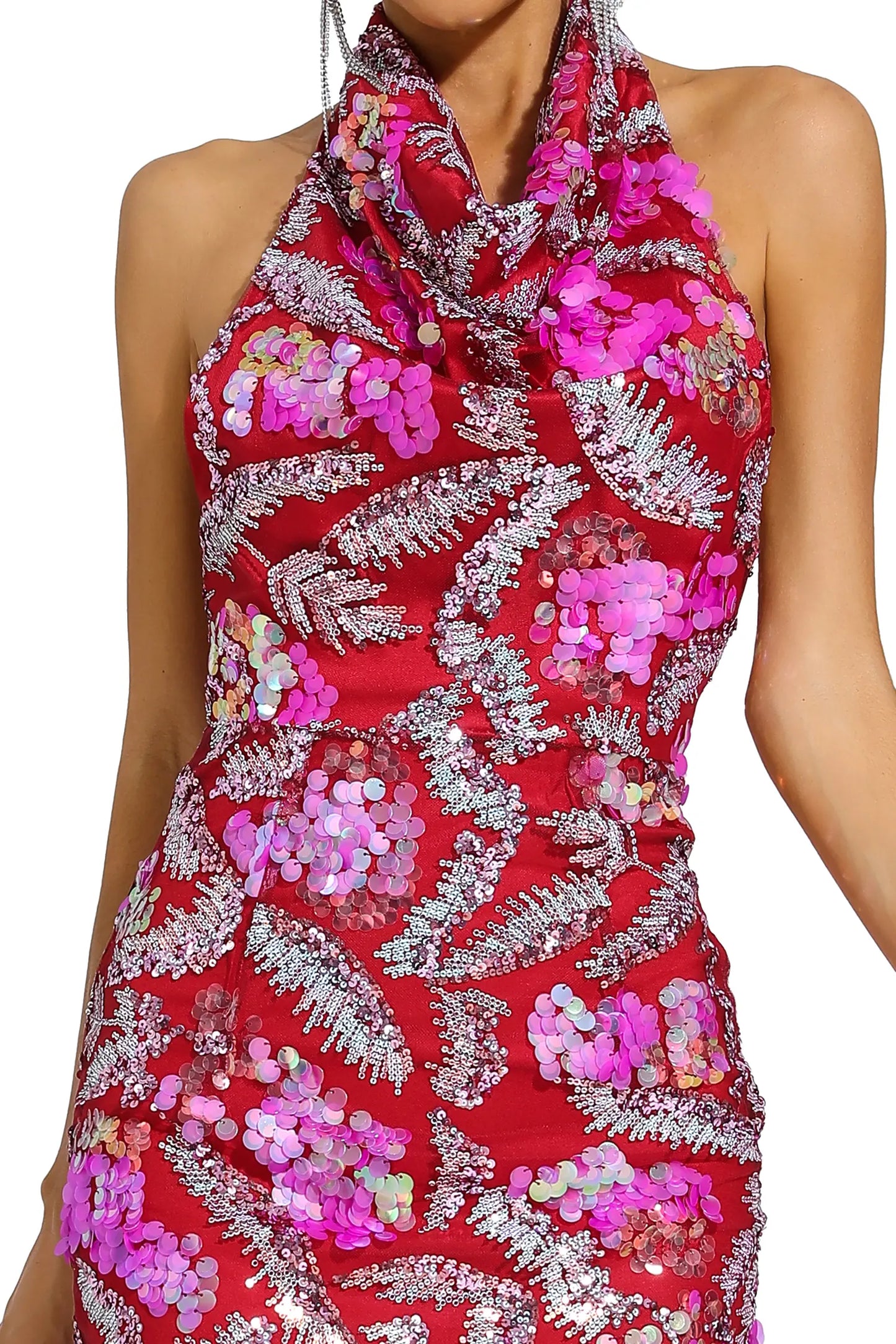 Strachey Rose Red Sequins Halter Dress