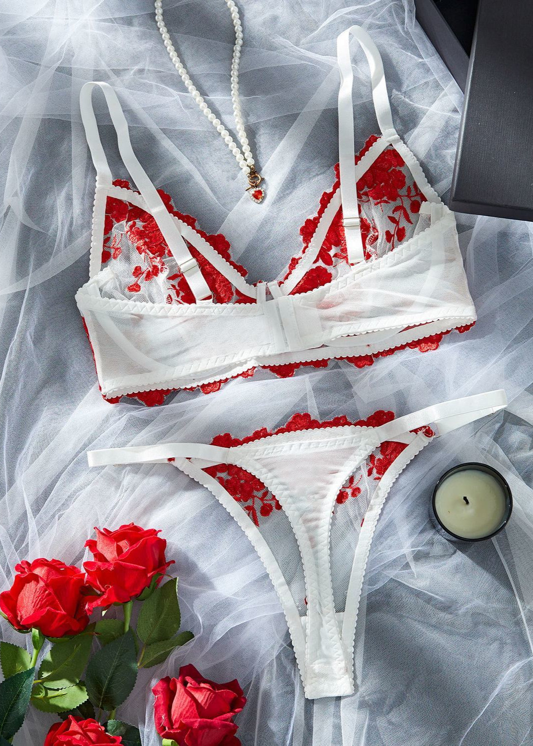Crimson Bloom – Red Embroidered Mesh Lingerie Set with Triangle Cups