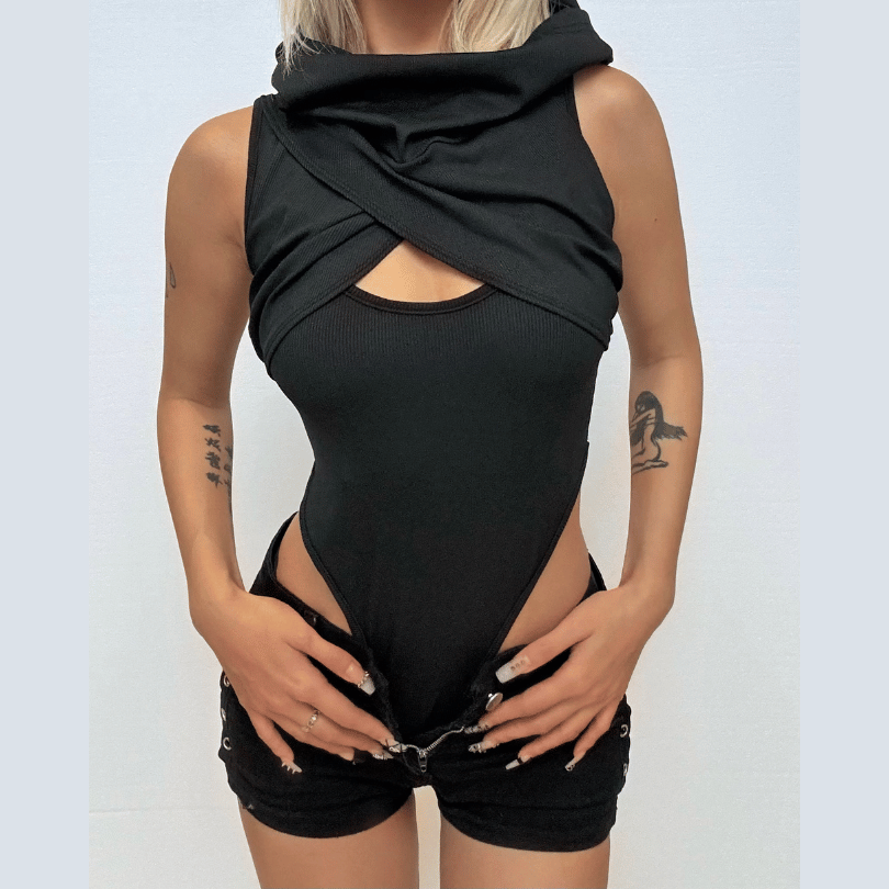 Hoodie sleeveless cross front hollow out bodysuit