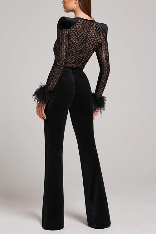 Feather Cuffs Bell Bottom Velvet Splice Jumpsuit