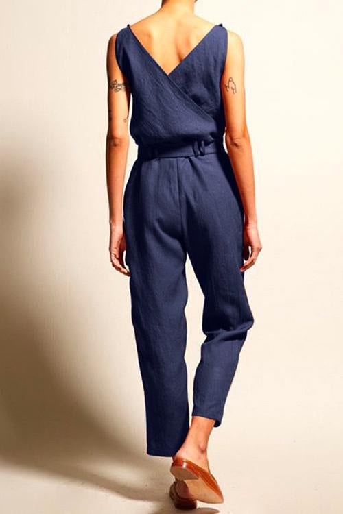 Casual V Neck Sleeveless Wrapped Jumpsuit