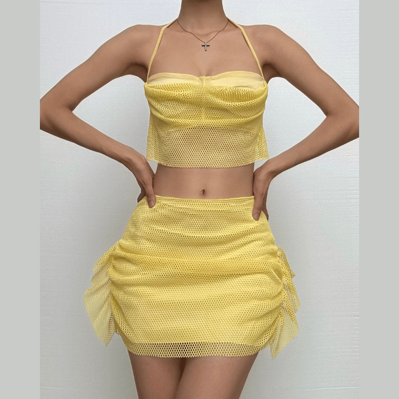 Halter self tie backless fishnet solid tube mini skirt set